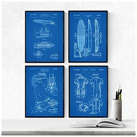 Set Di 4 Stampe Sfondo Blu Brevetto Windsurf Manifesti Con Invenzioni E Vecchi Brevettiammi Di Alta Qualità Sport Acquatici Ed Senza Cornice A4 - Foto 1