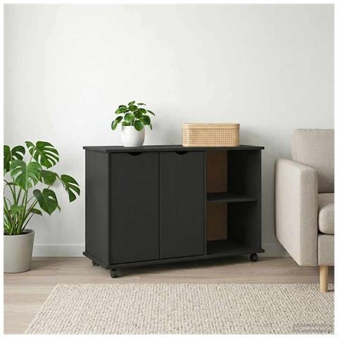 Mobile con Ruote Nero 100 x 39 x 65,5 cm Legno di Pino Massello - Foto 2