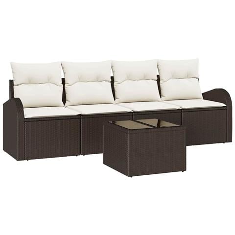 Set di Divani da Giardino di 5 pezzi con cuscini Marrone Polyrattan - Foto 1