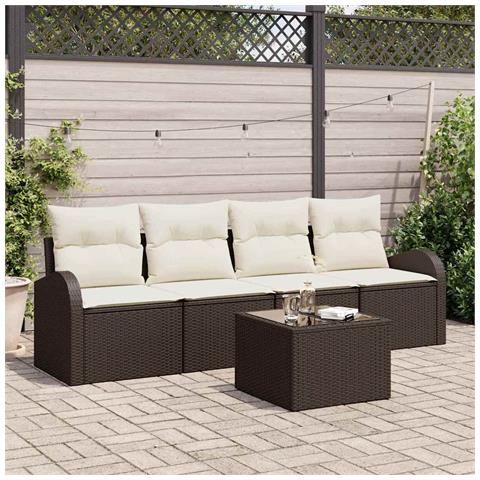 Set di Divani da Giardino di 5 pezzi con cuscini Marrone Polyrattan - Foto 2
