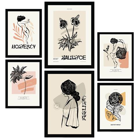 Set Di 6 Stampe Stampe Artistiche In Stile Schizzo Con Sentimenti Di Inchiostro Nero Per L'interior Design A3 & A4 Cornice Nera - Foto 1