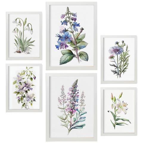 Set Di 6 Stampe Gigli Stampe Naturalistiche E Botaniche A Colori Con Motivi Floreali Su Sfondi Bianchi Puri Design D'interni A3 & A4 Cornice Bianca - Foto 1