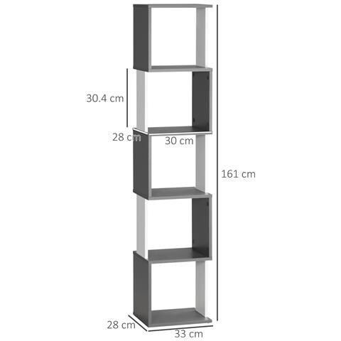 Libreria Moderna Salvaspazio A 5 Ripiani In Legno, 33x28x161cm, Grigio E Bianco - Foto 6