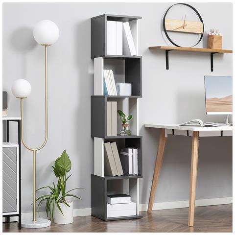 Libreria Moderna Salvaspazio A 5 Ripiani In Legno, 33x28x161cm, Grigio E Bianco - Foto 2