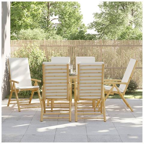 Lusso Casadino -  Sedie Da Giardino Reclinabili 6 Pz Cuscini Bianco Crema Bambù - Foto 8