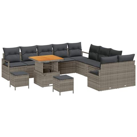 Set Divano Giardino 13 Pezzi con Cuscini Grigio Polyrattan Acacia, Divano Giardino 2 Posti con Cuscini Grigio Polyrattan, Set da Pranzo Giardino 3 Pezzi con Cuscini Grigio Polyrattan Acacia - Foto 1