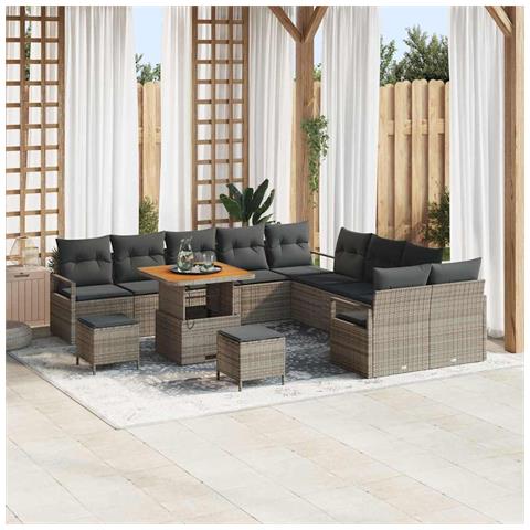 Set Divano Giardino 13 Pezzi con Cuscini Grigio Polyrattan Acacia, Divano Giardino 2 Posti con Cuscini Grigio Polyrattan, Set da Pranzo Giardino 3 Pezzi con Cuscini Grigio Polyrattan Acacia - Foto 2
