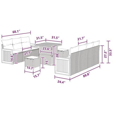 Set Divano da Giardino con cuscino 10 pcs Nero 80 x 80 x 71 cm - Foto 9