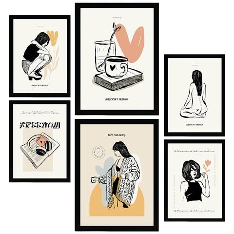 Set Di 6 Stampe Stampe Artistiche D'amore In Inchiostro Nero In Stile Schizzo Per L'interior Design A3 & A4 Senza Cornice - Foto 1