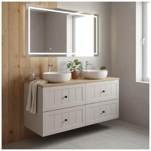 Mobile sottolavabo, Bianco, 140 cm, Cassetti con chiusura ammortizzata, Ripiano con superficie di appoggio - Foto 5
