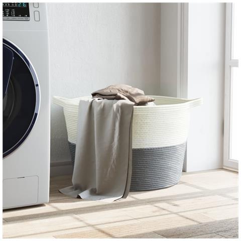 Cesto Per Biancheria Grigio E Bianco 60x36 Cm In Cotone - Foto 2