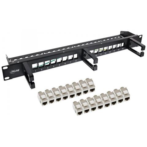 Patch Panel Cat. 6a 16 Vie, Con 3 Staffe, 16 Tasti, 19"", 1u, Nero - Foto 1