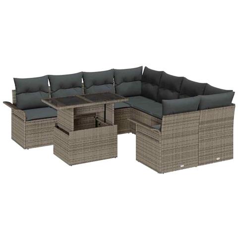 Set di Divani da Giardino 9 Pezzi con Cuscini Grigio Rattan Poli - Foto 1