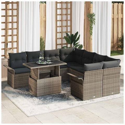 Set di Divani da Giardino 9 Pezzi con Cuscini Grigio Rattan Poli - Foto 2