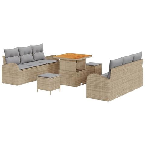 Set Divano da Giardino  9 Pezzi con Cuscini Beige Polyrattan Acacia, Divano da Giardino  2 Posti con Storage e Cuscini Beige Polyrattan, Set da Pranzo da Giardino  3 Pezzi con Cuscini Beige Polyrattan Acacia - Foto 1