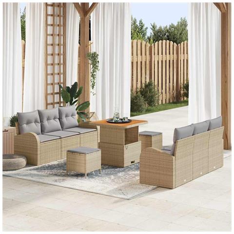 Set Divano da Giardino  9 Pezzi con Cuscini Beige Polyrattan Acacia, Divano da Giardino  2 Posti con Storage e Cuscini Beige Polyrattan, Set da Pranzo da Giardino  3 Pezzi con Cuscini Beige Polyrattan Acacia - Foto 2