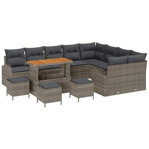 Set Divano Giardino 13 Pezzi con Cuscini Grigio Polyrattan Acacia, Divano Giardino 2 Posti con Ripostiglio e Cuscini Grigio Polyrattan, Set Pranzo Giardino 4 Pezzi con Cuscini Grigio Polyrattan Acacia - Foto 1