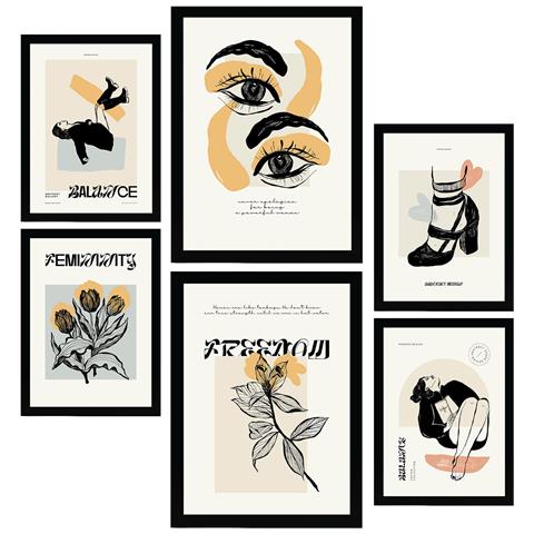 Set Di 6 Stampe Stampe Artistiche In Stile Schizzo Con Inchiostro Nero Per L'interior Design A3 & A4 Senza Cornice - Foto 1