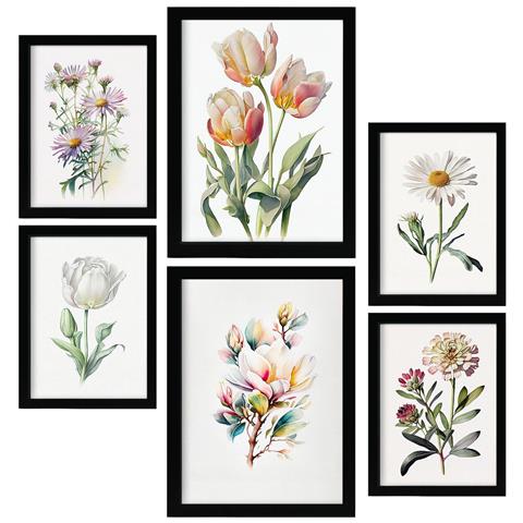Set Di 6 Stampe Fiori Pastello Stampe Naturalistiche E Botaniche A Colori Con Motivi Floreali Su Sfondi Bianchi Puri A3 & A4 Cornice Nera - Foto 1