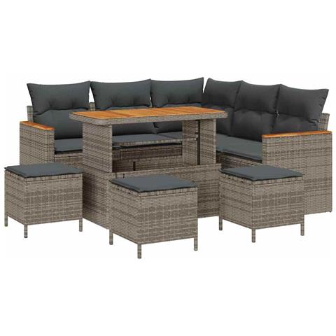 Set di Divani da Giardino 9 Pezzi con Cuscini Grigio Rattan Poliestere Acacia,  Set di Tavoli da Giardino 4 Pezzi con Cuscini Grigio Rattan Poliestere Acacia - Foto 1