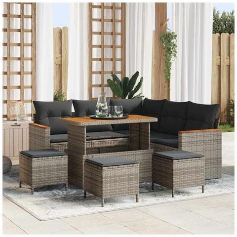 Set di Divani da Giardino 9 Pezzi con Cuscini Grigio Rattan Poliestere Acacia,  Set di Tavoli da Giardino 4 Pezzi con Cuscini Grigio Rattan Poliestere Acacia - Foto 2