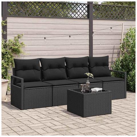 Set di Divani da Giardino di 5 Pezzi con Cuscini Nero Polyrattan, Divano da Giardino a 2 Posti con Storage e Cuscini Nero Polyrattan - Foto 2