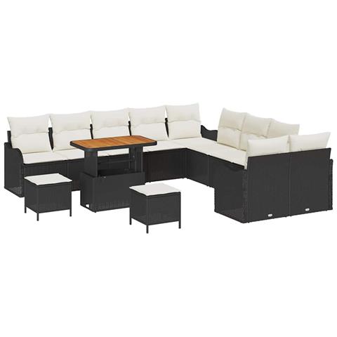 Set divano giardino 13 pezzi con cuscini in rattan nero e acacia, Divano giardino 2 posti con cuscini in rattan nero, Set pranzo giardino 3 pezzi con cuscini in rattan nero e acacia - Foto 1