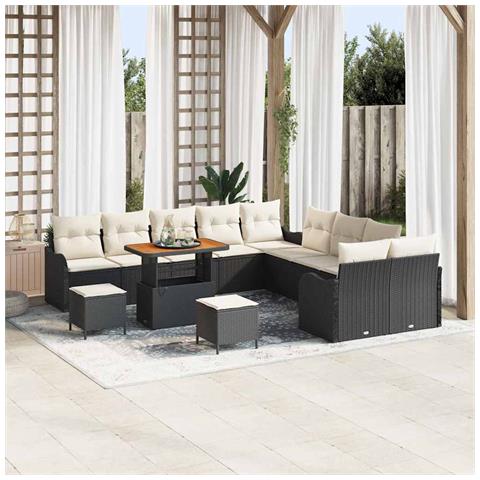 Set divano giardino 13 pezzi con cuscini in rattan nero e acacia, Divano giardino 2 posti con cuscini in rattan nero, Set pranzo giardino 3 pezzi con cuscini in rattan nero e acacia - Foto 2