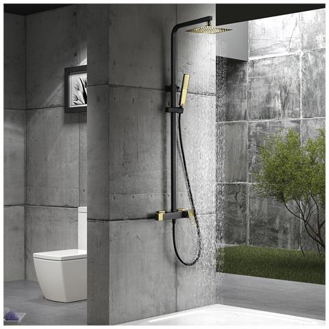 Imex Colonna Doccia Miscelatore Monocomando Nero Opaco-oro Lucido In Ottone E Acciaio Inox S304 Con Asta Estensibile Soffione Extra Piatto 20x20 Cm Anticalcare Supporto Regolabile Cartuccia Cerami - Foto 1
