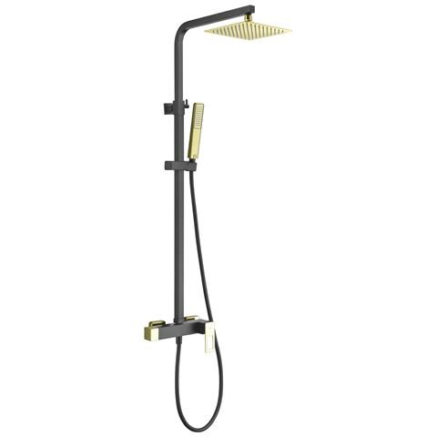 Imex Colonna Doccia Miscelatore Monocomando Nero Opaco-oro Lucido In Ottone E Acciaio Inox S304 Con Asta Estensibile Soffione Extra Piatto 20x20 Cm Anticalcare Supporto Regolabile Cartuccia Cerami - Foto 2