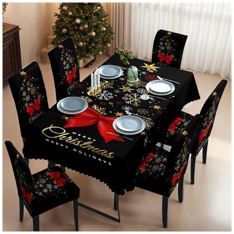 Set Di Tovaglia E Coprisedie Natalizi - Design Fiocco Di Neve, Poliestere Impermeabile, Set Da 7 Pezzi - Foto 2