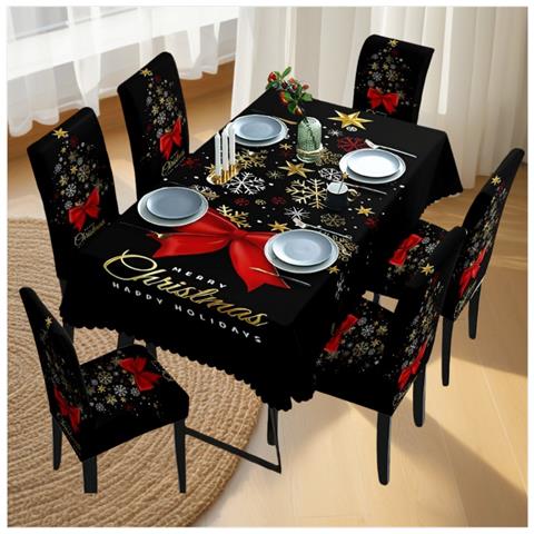 Set Di Tovaglia E Coprisedie Natalizi - Design Fiocco Di Neve, Poliestere Impermeabile, Set Da 7 Pezzi - Foto 3
