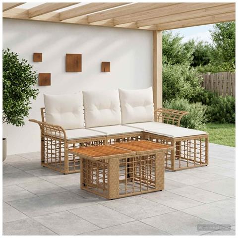 Set Divano da Giardino 5 pz Naturale e Bianco Crema polyrattan - Foto 2