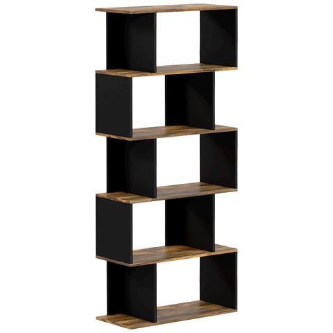 Libreria Moderna Asimmetrica A Parete Con 5 Ripiani In Legno, 70x29.5x163cm, Marrone Rustico - Foto 1