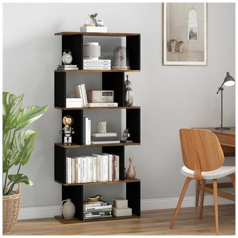 Libreria Moderna Asimmetrica A Parete Con 5 Ripiani In Legno, 70x29.5x163cm, Marrone Rustico - Foto 2