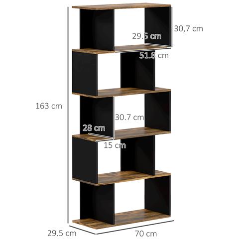 Libreria Moderna Asimmetrica A Parete Con 5 Ripiani In Legno, 70x29.5x163cm, Marrone Rustico - Foto 6