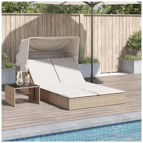 Lettino Doppio Con Baldacchino E Cuscini Beige In Polyrattan - Foto 1