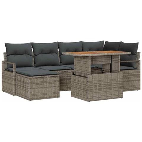 Set di Divani da Giardino  a 7 Pezzi con Cuscini Grigio Rattan Acacia, Divano da Giardino a 2 Posti  con Cuscini Grigio Rattan Polietilene - Foto 1