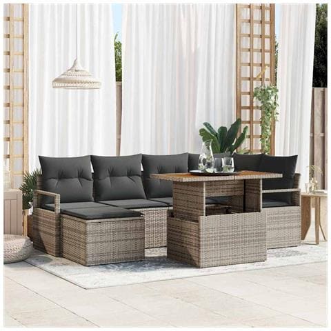 Set di Divani da Giardino  a 7 Pezzi con Cuscini Grigio Rattan Acacia, Divano da Giardino a 2 Posti  con Cuscini Grigio Rattan Polietilene - Foto 2