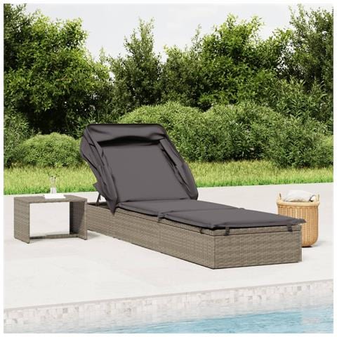 Lettino con Tetto Pieghevole Grigio 213x63x97 cm Polyrattan - Foto 2