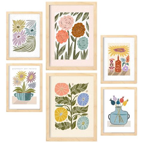 Set Di 6 Stampe Stampa Fiori Nella Collezione Stampe In Stile Etnico Cornici Decorative Per Stampe Artistiche Da Parete Per La Casa A3 & A4 Telaio In Legno Chiaro - Foto 1