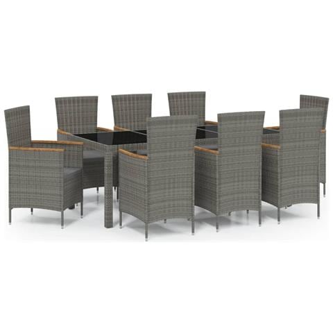 Set Da Pranzo Da Giardino 9 Pz Con Cuscini In Polyrattan Grigio - Foto 1