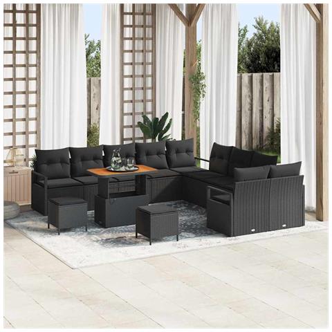Set Divano Giardino 13 Pezzi con Cuscini Nero in Polirattan e Acacia, Divano Giardino 2 Posti con Cuscini Nero in Polirattan, Set da Pranzo Giardino 3 Pezzi con Cuscini Nero in Polirattan e Acacia - Foto 2