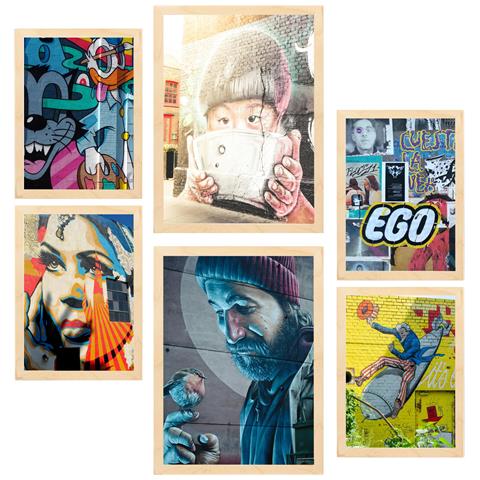 Set Di 6 Stampe Pittura Decorativa, Graffiti Colorati, Stencil Di Street Art Incorniciati Con Illustrazioni Per Le Pareti A3 & A4 Telaio In Legno Chiaro - Foto 1