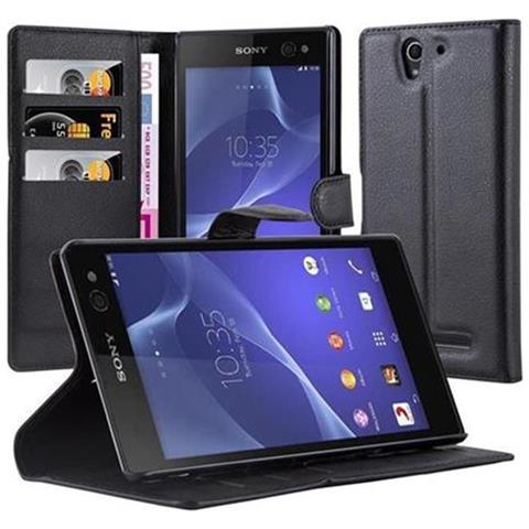 Custodia Compatibile Con Sony Xperia C3 In Nero Carbone - Coperchio Protettiva Con Chiusura Magnetica, Funzione Stand E Tasca Per Le Carte - Foto 1