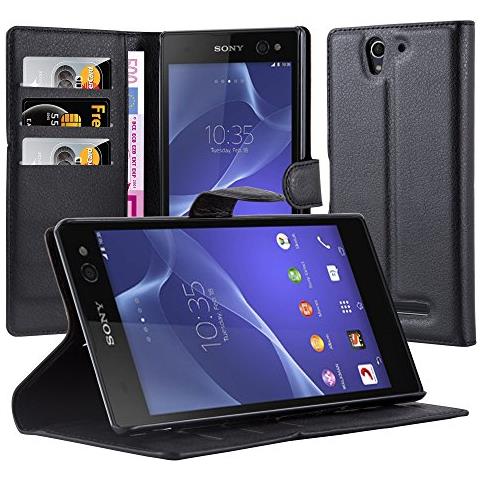 Custodia Compatibile Con Sony Xperia C3 In Nero Carbone - Coperchio Protettiva Con Chiusura Magnetica, Funzione Stand E Tasca Per Le Carte - Foto 8