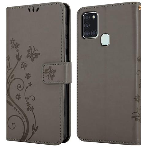 Custodia Compatibile Con Samsung Galaxy A21s In Grigio Fiore - Coperchio Protettivo In Design Floreale Con Chiusura Magnetica, Funzione Stand E Slot Per Carte - Foto 8