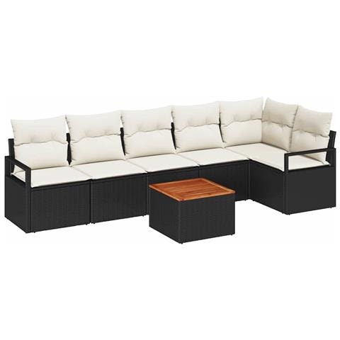 Set di divani da giardino  a 7 pezzi con cuscini neri in polyrattan, Divano da giardino  per 2 persone con cuscini neri in polyrattan - Foto 1