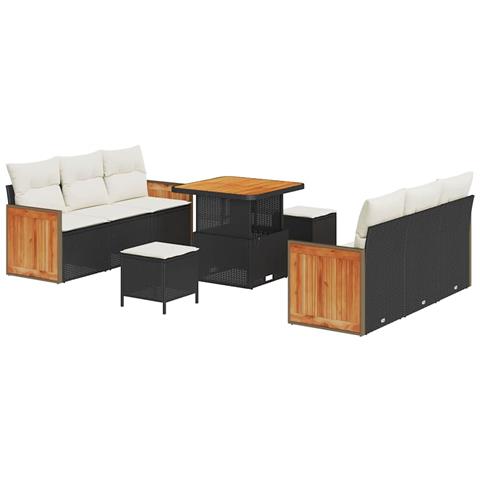 Set di divani da giardino 9 pezzi con cuscini in polirattan nero e acacia, Divano da giardino 2 posti con cuscini in polirattan nero, Set da pranzo da giardino 3 pezzi con cuscini in polirattan nero e acacia - Foto 1