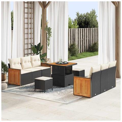Set di divani da giardino 9 pezzi con cuscini in polirattan nero e acacia, Divano da giardino 2 posti con cuscini in polirattan nero, Set da pranzo da giardino 3 pezzi con cuscini in polirattan nero e acacia - Foto 2